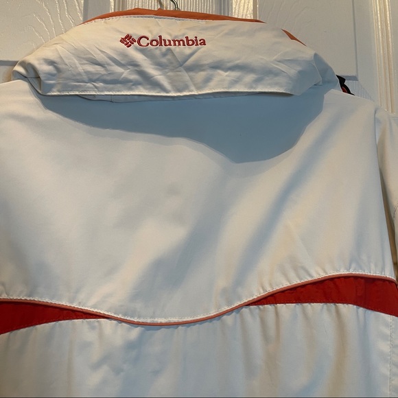 Columbia White w/Orange Coral Waterproof Breathable Jacket w/ hidden hood Size L - Picture 8 of 12
